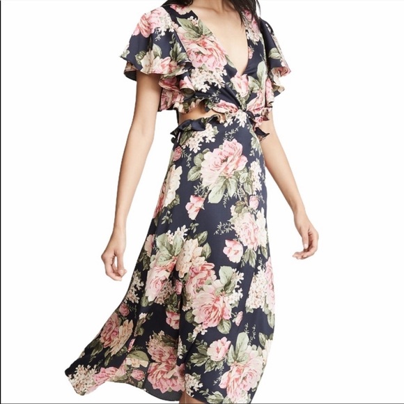 Divine Heritage Floral Cutout V Neck Tie Keyhole Back Flutter Sleeve Midi Dress - Picture 5 of 16